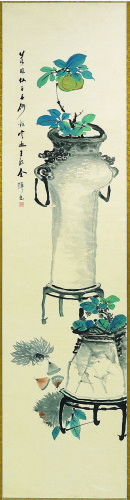 1-4. 고동추실(古銅秋實: 고동기와 가을 열매), 장승업(張承業), 지본담채, 131.2×33.7cm 이미지입니다