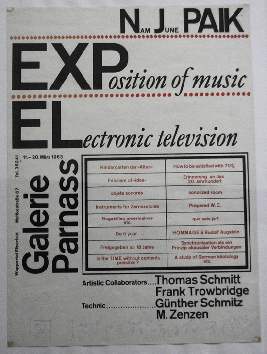 백남준,  음악의 전시 – 전자 텔레비전  전시 포스터, 1963, 종이에 프린트 이미지입니다